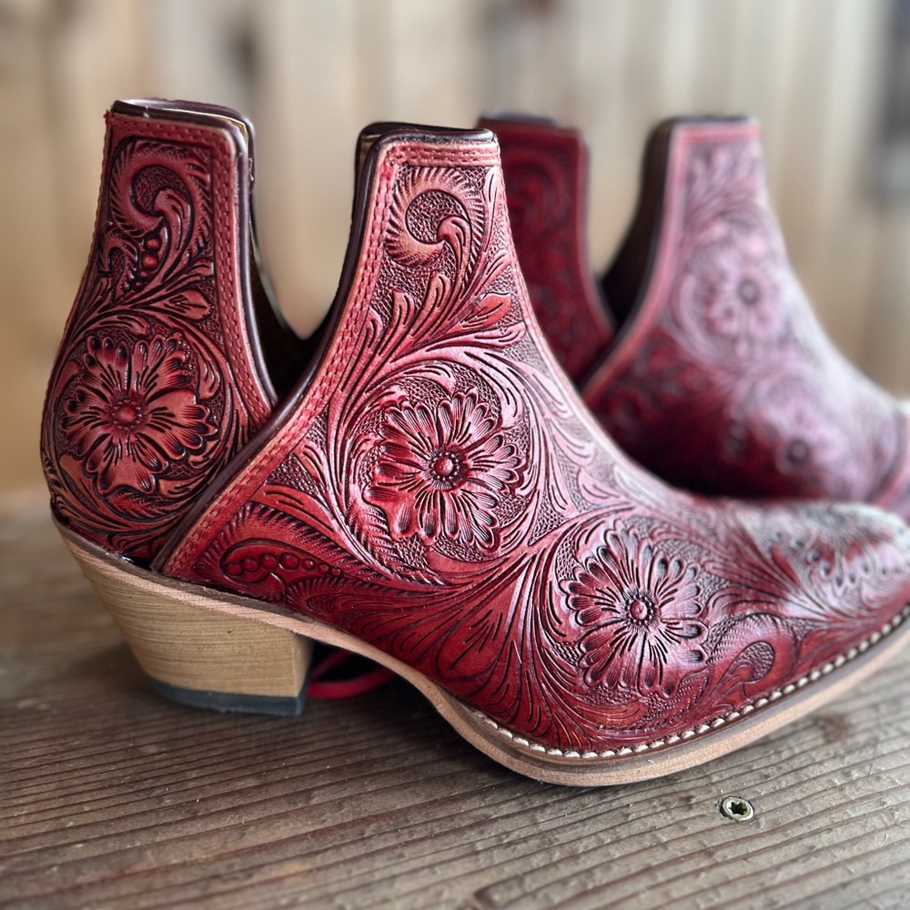 🌶️Scarlet Hand Tooled Genuine Leather Women Bootie Cowboy Boot Boho Western Red